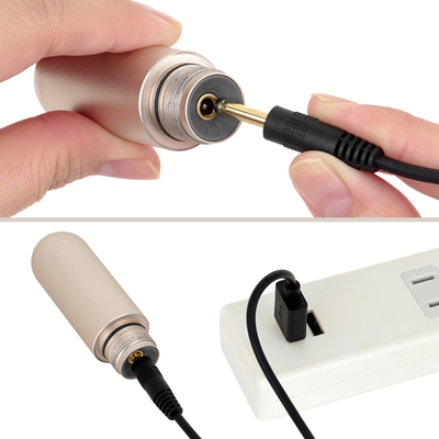 充電はUSB充電式。充電時間は約２時間、最大連続稼働時間は約１時間です。充電中はランプが点滅します。