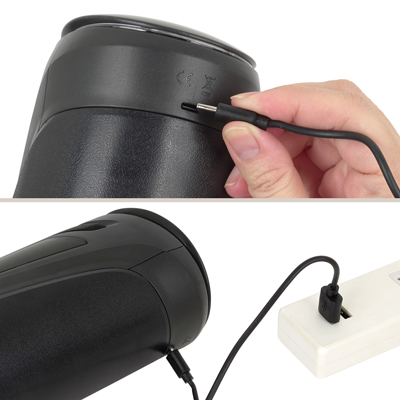 充電はUSB充電式。充電時間は約130分、連続稼働時間は約60分です。充電中はライトが点灯します。