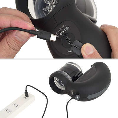 USB-C規格に対応した充電式。フル充電までは約４時間、連続稼働は約45分とスペック的には見劣りしますが、許容範囲でしょう。