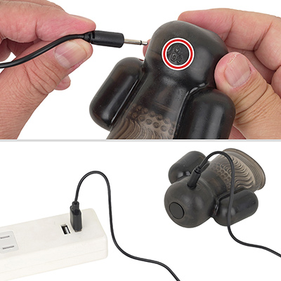 付属のピンジャック式ケーブルをヘッドの穴に挿して充電します。フル充電までは約２時間、連続稼働は約60分と、まずまず優秀です。