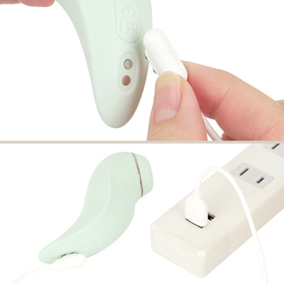 充電はマグネット式USB充電仕様。充電時間は約２時間、連続稼働時間は約１時間です。充電中はボタンが点滅し、満タンになると点灯します。