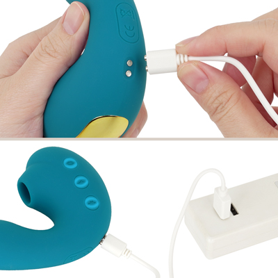 充電はマグネット式USB充電仕様。充電時間は約1.5～２時間、連続稼働時間は約45分です。充電中はボタンが点滅し、満タンになると点灯します。