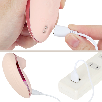 充電はマグネット式USB充電仕様。充電時間は約1.6時間、連続稼働時間は約１時間です。充電中はボタンが点滅し、充電完了すると点灯します。