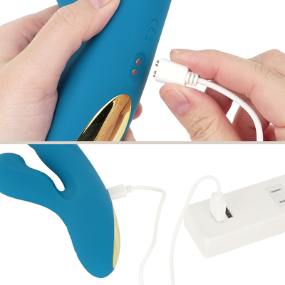 充電はマグネット式USB充電仕様。充電時間は約2.5時間、連続稼働時間は約30分です。充電中はボタンが点滅し、充電完了すると点灯します。