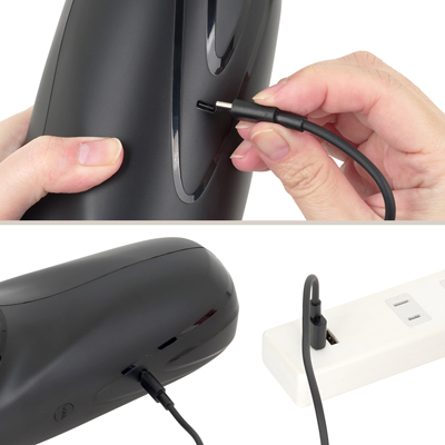 充電はUSB充電式。充電時間は約２～３時間、連続稼働時間は約１時間です。充電中はボタンが点滅します。