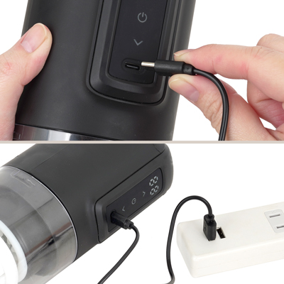 充電はUSB充電式。充電時間は約150分、連続稼働時間は約60分です。充電中はボタンが点滅します。