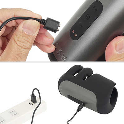 充電は付属のマグネット接続ケーブルで。フル充電までは約2.5時間、連続稼働は約60分です。満充電時は白色LEDが点灯します。