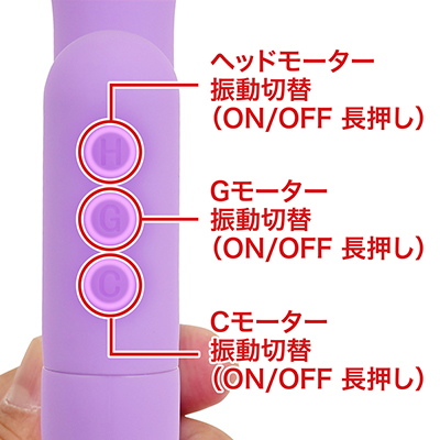 ３つのローターを３つのボタンで制御します。すべて強弱５＋リズム５の10パターン振動のローテーション。多様な組み合わせが楽しめます。