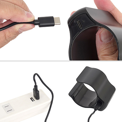 フル充電までは約1.5時間、連続稼働は約120分です。USB-Cケーブルは付属しますが、お手持ちの汎用ケーブルも使えます。