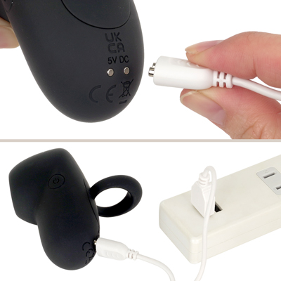マグネット式USB充電仕様。充電時間は約90分、最大連続稼働時間は約110分です。充電中はボタンが点滅し、満タンになると点灯します。