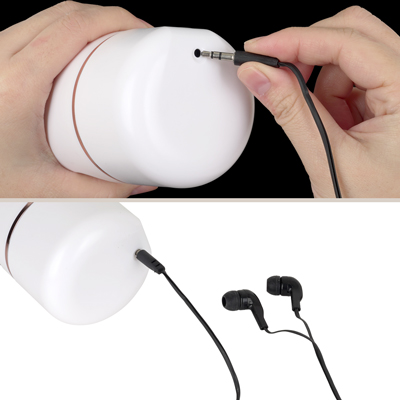 音声は付属のイヤホンでスグに楽しめます。イヤホンをイヤホンジャックに差し込み、電源ボタンを押すと音声が流れます。