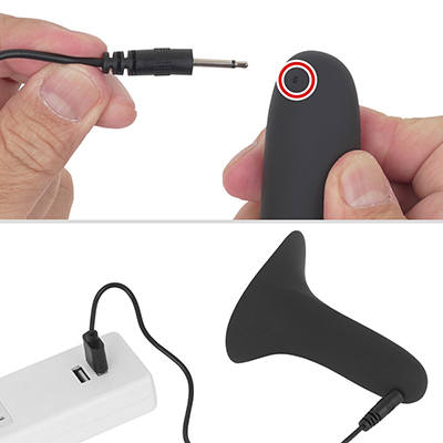 ピンジャック式の充電ケーブルを使用。フル充電までは約１時間、連続稼働は約60分です。