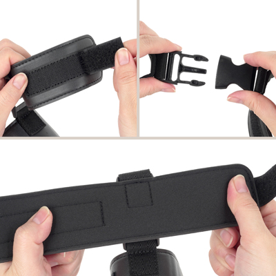【手枷】　クッション性に優れた素材が肌への負荷を軽減。さまざまなシーンで自在に対応できるワンタッチバックル式。ベルクロ式で細かなサイズ調整が可能です。