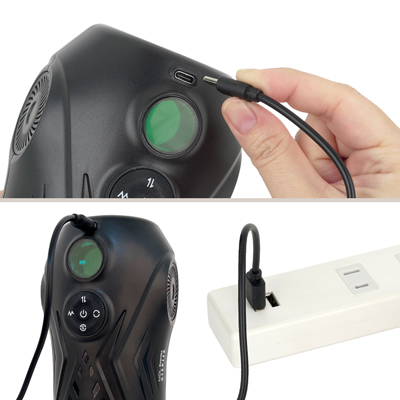 充電はUSB充電式。充電中はサークルディスプレイのバッテリーインジケーターが点滅します。充電終了でインジケーターは点滅しなくなり、点灯状態になります。