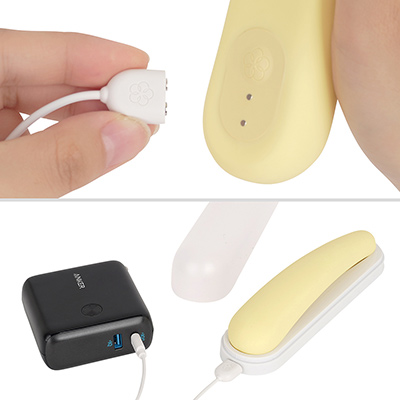 付属のマグネットケーブルを本体か専用ケースに接続して充電します。USB-C端子なので対応する変換プラグやモバイルバッテリーをご用意ください。フル充電までは約２時間、連続稼働は約90分（最高出力時）です。
