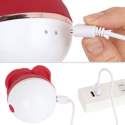マグネット式USB充電仕様。充電時間は約２時間、連続稼働時間は約40分です。充電中はライトが点滅し、充電完了すると点灯します。