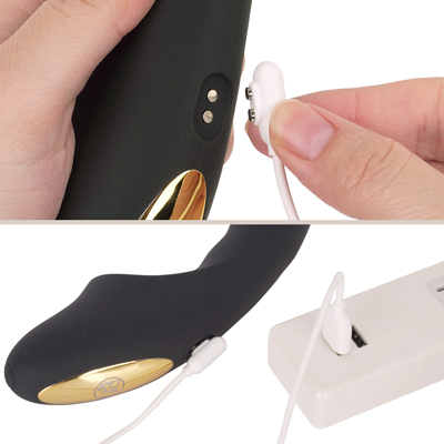 付属のマグネット式USB充電ケーブルを本体のマグネット部分につけて充電を行ってください。約2.5時間の充電で最大約１時間の連続使用が可能です。充電中はボタンが点滅し、満充電で点灯します。