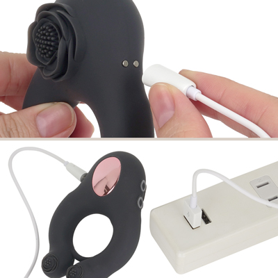付属のマグネット式USB充電ケーブルを本体のマグネット部分につけて充電を行ってください。約１時間の充電で最大約50分の連続使用が可能です。充電中はボタンが点滅し、満充電で点灯します。
