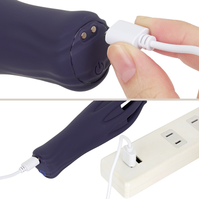 付属のマグネット式USB充電ケーブルを本体のマグネット部分につけて充電を行ってください。約２時間の充電で最大約50分の連続使用が可能です。充電中はボタンが点滅し、満充電で点灯します。