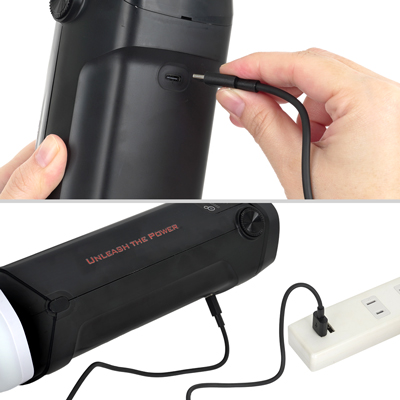付属のUSB充電ケーブルを差し込んで充電を行ってください。約２-３時間の充電で最大約１時間の連続使用が可能です。