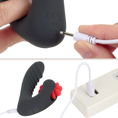 付属のUSB充電ケーブルを、ライトが点滅するまで差し込んで充電を行ってください。約２時間の充電で最大約２時間の連続使用が可能です。
