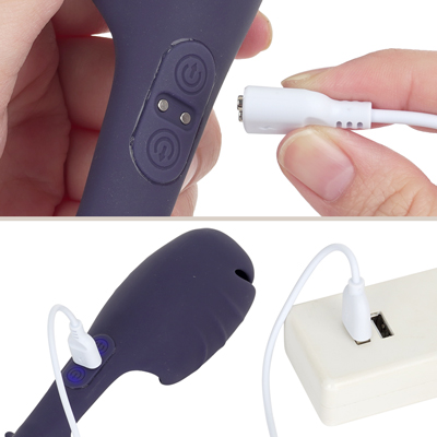 付属のマグネット式USB充電ケーブルを本体のマグネット部分につけて充電を行ってください。約２時間の充電で、最大約50分の連続使用が可能です。充電中はボタンが点滅し、満充電で点灯します。