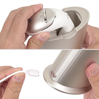 専用クレイドルに差し込むだけで充電と加熱ができます。もちろん、本体の端子にマグネットケーブルを直接つなぐことも可能。