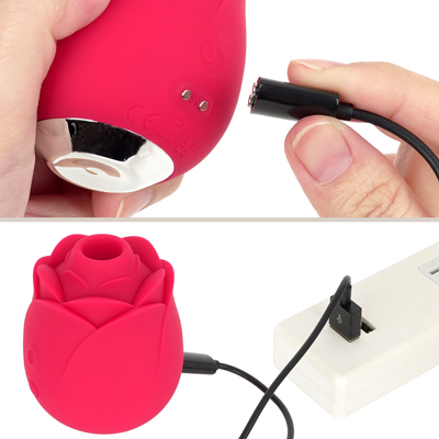 付属のマグネット式USB充電ケーブルを本体の背面に取り付けて充電します。約60分の充電で最大約65分の連続使用が可能です。充電中はボタンが点滅し、満充電で点灯します。