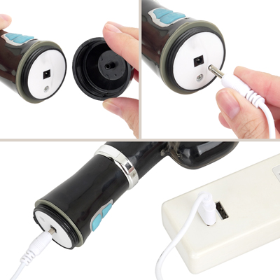 底のフタを回し開けて、付属のUSB充電ケーブルをライトが点滅するまで差し込んで充電を行ってください。約60分の充電で最大約40分の連続使用が可能です。充電中はボタンが点滅します。　※プラグは奥まで差し込み切れませんが、不良ではございません。