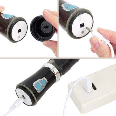 底のフタを回し開けて、付属のUSB充電ケーブルをライトが点滅するまで差し込んで充電を行ってください。約60分の充電で最大約45分の連続使用が可能です。充電中はボタンが点滅します。　※プラグは奥まで差し込み切れませんが、不良ではございません。