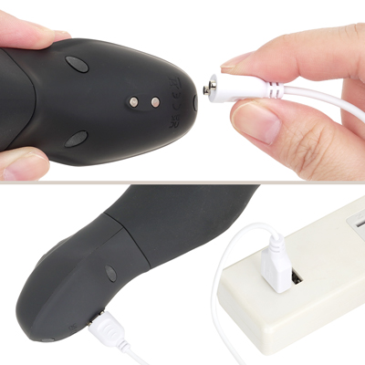 付属のマグネット式USB充電ケーブルを本体のマグネット部分につけて充電を行ってください。約100分の充電で最大約170分の連続使用が可能です。充電中はボタンが点滅し、満充電で点灯します。