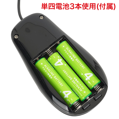 すぐに使える電池交換式。写真の向きに合わせて電池をセットしてください。　※付属の電池は「動作確認用テスト電池」です。