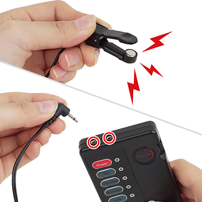 クリップの金属プレートが通電部。ここが左右とも身体に触れていないと電気が通りません。ジャックは２カ所あり、どちらを使ってもＯＫ。別途アタッチメントを追加することも可能です。