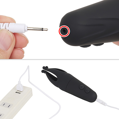 USB充電式で、底部に付属ケーブルを接続します。フル充電までは約1.5時間、連続稼働は約50分です。
