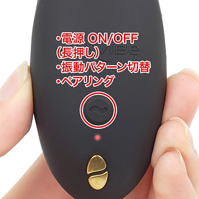 本体側はワンボタン。こちらでできることは少なく、振動も10種のパターンしか変更できません。強度（10段階）やモードの変更はリモコンやアプリを使います。