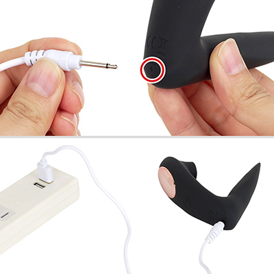 付属のピンジャックを接続するUSB充電仕様。フル充電までは約40分、連続稼働は約50分と、バッテリーは小さめです。
