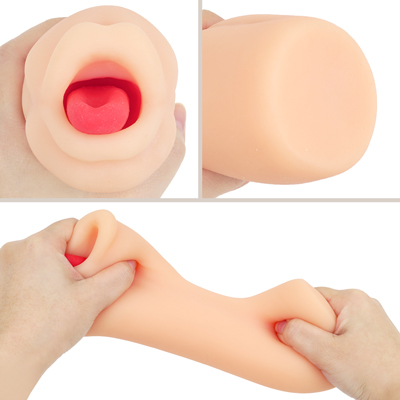 じゅっぽり咥え込んだ頬の凹みを再現した非貫通式。もっちりとした弾力素材です。
