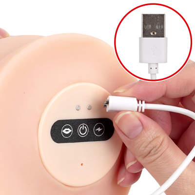 付属のマグネット式USB充電ケーブルを本体のマグネット部分につけて充電を行ってください。約90分の充電で最大約60分の連続使用が可能です。充電中はボタンが点滅し、満充電で点灯します。　