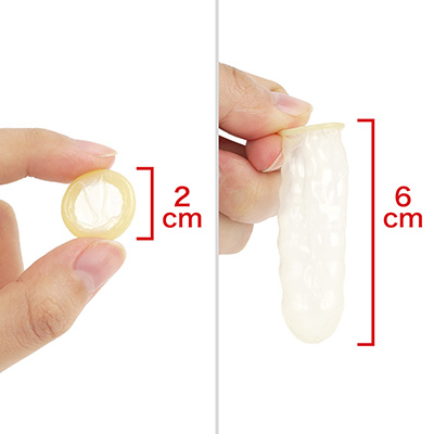 指専用のため、かなり小さめ。伸ばしても短いので、バイブやディルドに被せるのは難しいでしょう。　※数値はＮＬＳ実測値
