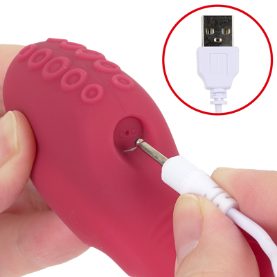 付属のUSB充電ケーブルを使ってランプが点滅するまで差し込んで充電を行ってください。充電完了でランプが点灯します。