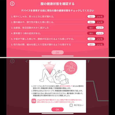 骨盤底筋の状態をチェックし、アプリ画面のガイドを参考に、本体をゆっくり挿入してください。
