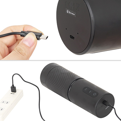 充電はUSB-Cケーブル。付属もしますが一般品も使えます。フル充電までは約２時間、連続稼働は約60分（最高出力）です。