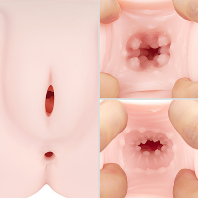 ぷっくり膨らんだ淫部は２穴式。ヴァギナ、アナルとも序盤にイボ加工が目立つものの、その味付けはけっこう異なります。