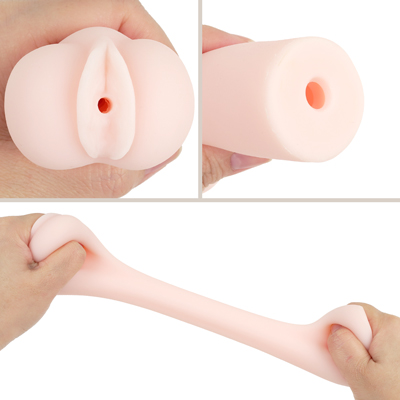 【＃３　ひだひだ】　＃１・＃２共通のニオイやベタつきが気にならない高品質素材を使用しつつ、こちらは奥まで自由にストロークできる「貫通式」を採用しています。挿入口からスムーズにペニスを迎え入れ、素材のぷりっとした柔軟なハリ感がストロークのたびに心地よく追従する抜群の扱いやすさです。